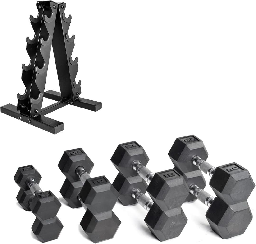 CAP Barbell Rubber Coated Dumbbell Weight Set with Vertical Rack | 100 lb, 150 lb, and 210 lb Options