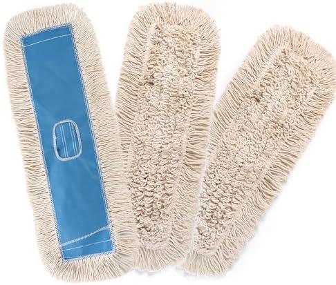 Matthew Cleaning 24'' Industrial Strength Cotton Dust Mop Refill Washable Replacement Heads for Residential & Commercial Use Fit Standard Dust Mop Frames, Hardwood,Concrete Floors Blue&White 3 Pack
