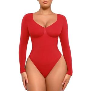 FeelinGirl Women's Long Sleeve Shapewear Bodysuit for Tummy Control Seamless Body Suits Thong V Neck Going Out Tops, M