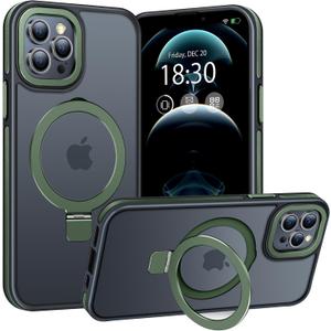 Magnetic Case for iPhone 12 Pro Max, with Invisible Ring Stand, Military Drop Protection, Shockproof Anti-Fingerprint Matte Protective Cover for iPhone 12 Pro Max, Dark Green