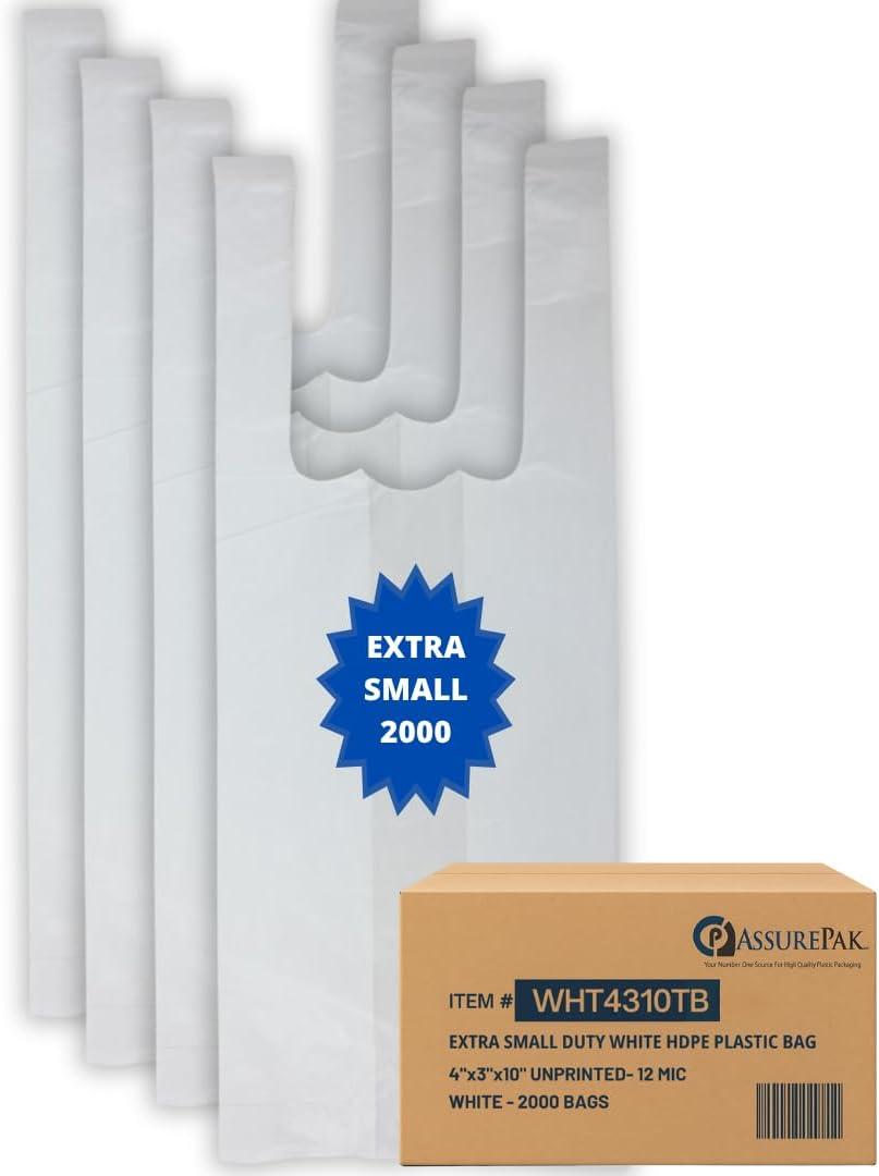 EXTRA SMALL White Unprinted HDPE T-Shirt Bags 4"x3"x10" with handles  2000 Bags  12 Microns  Perfect for Supermarkets, Grocery Shopping and Store Purchases
