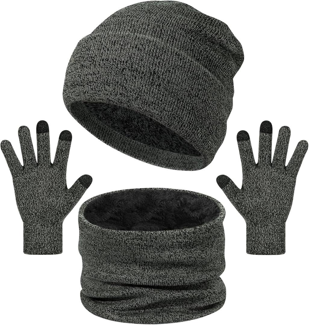 Senker Fashion Winter Beanie Hat Scarf and Touchscreen Gloves Set for Men, Warm Knit Skull Cap with Fleece Lined Gifts (Gray)
