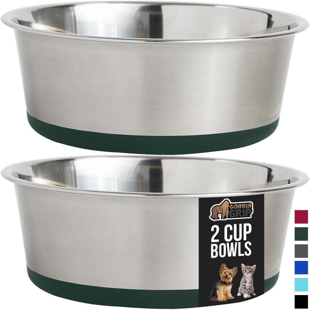 GORILLA GRIP Set of 2 Dog Bowls, Heavy Duty Metal Food and Water Bowl for Feeding Dogs and Cats, Dishwasher Safe, Rust Resistant Stainless Steel, BPA Free Rubber Base, Holds 2 Cups (16 fl oz), Green