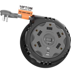 Retractable Power Strip Extension Cord Reel with USB C PD 20W, ETL Listed Flat Plug Travel Power Strip Surge Protection with 5 AC 3 USB Ports, 10FT Travel Extension Cord Portable Outlet, Black Grey