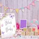 Purple Butterfly Baby Shower Decorate a Block Game Set 79 Pieces,Baby Shower Blocks for Gender Reveal Games, Includes 54 Blank Baby Building Blocks, 24 Watercolor Markers, 1 Baby Shower Game Sign,4