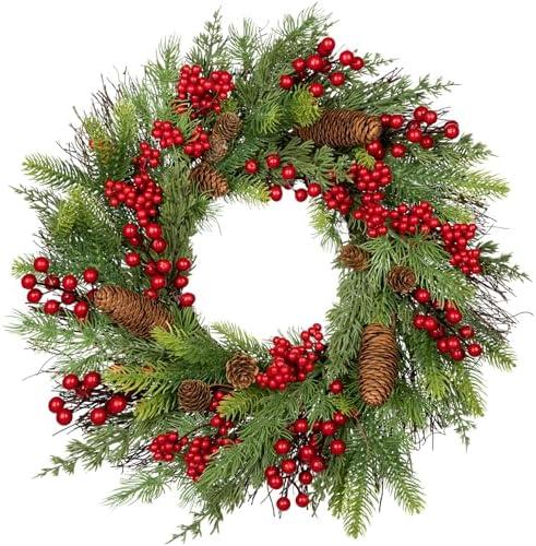 20 inch Christmas Wreath, Christmas Wreath for Front Door Christmas Door Wreaths with Red Berries Pine Cones Cedar Leaves Aritificial Wreath for Christmas Indoor Outdoor Decorations
