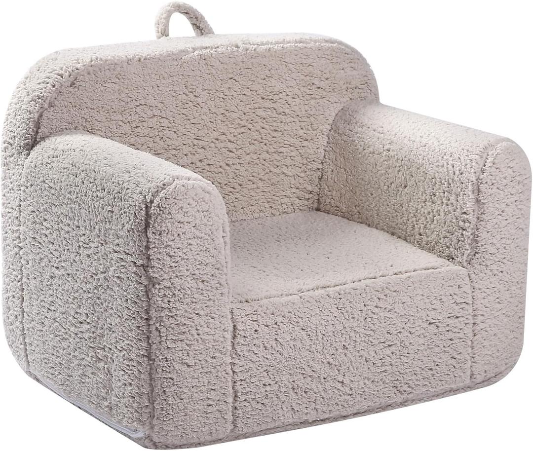 Kids Snuggly-Soft Sherpa Chair, Cuddly Toddler Foam Chair for Boys and Girls, Light Grey