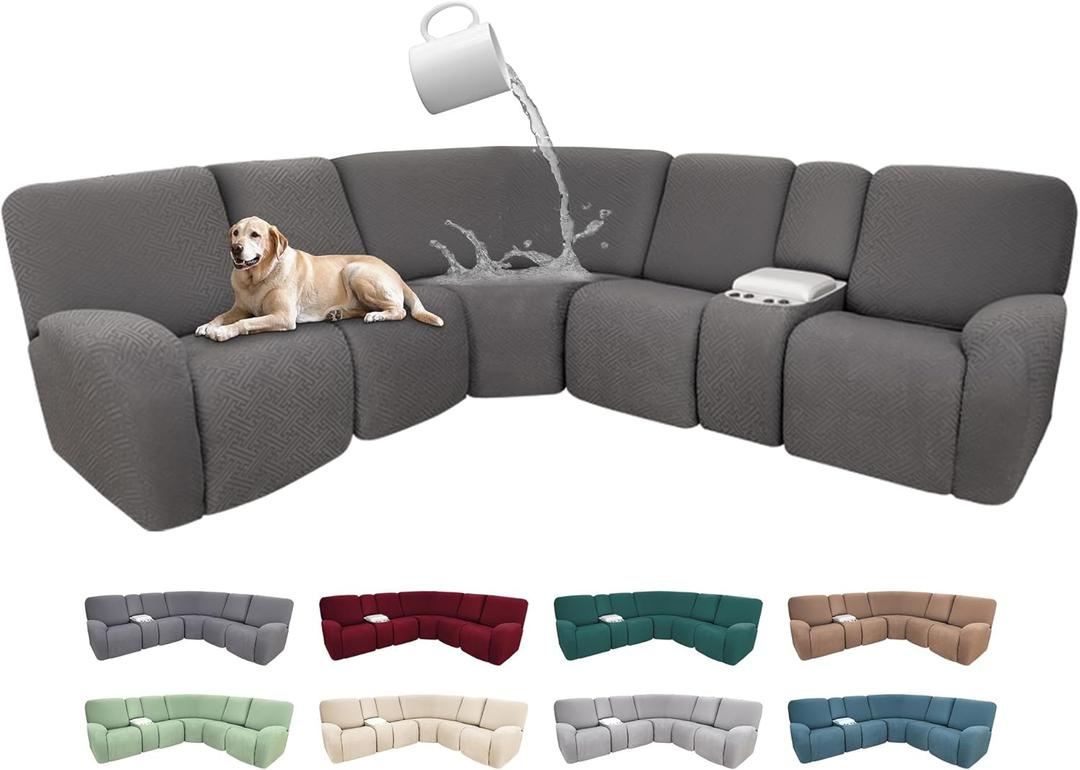 100% Waterproof Sectional Recliner Couch Covers for Reclining Couch L Shaped Corner Sectional Sofa Cover Jacquard Stretch L Shape Recliner Slipcovers (5 Seater 1 Console Cover, Middle Gray)