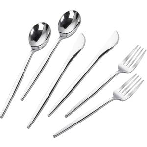 PULOTE 300PCS Silver Plastic Silverware Disposable - Heavy Duty Silver Plastic Cutlery - Disposable Utensils Set Include 100 Knives, 100 Forks and 100 Spoons for Party & Wedding