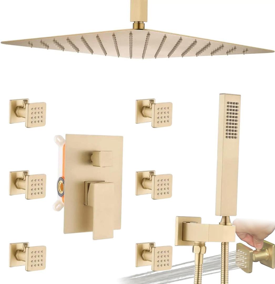 Enga Body Jets Shower System with On-Off Switch, 16 Inch Ceiling Rain Shower Head with Jets Shower Faucet Fixture Complete Set Brushed Gold