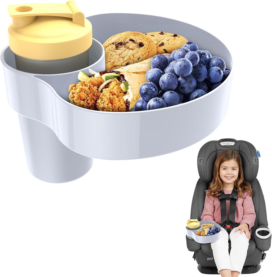 2PCS Resptasski Car Seat Cup Holder Snack Tray for Kids  Travel Tray for Car, Booster, Stroller, Outdoor Essentials Kit. Universal Adjustable Tray with Detachable Base for Snacks, Toys, Food (Grey)