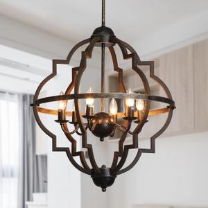 22" Large Farmhouse Chandeliers for Dining Room Light Fixture, 6-Light Rustic Globe Chandelier, Vintage Metal Pendant Light in Wood Finish, Adjustable Hanging Light for Foyer, Kitchen (Bronze)