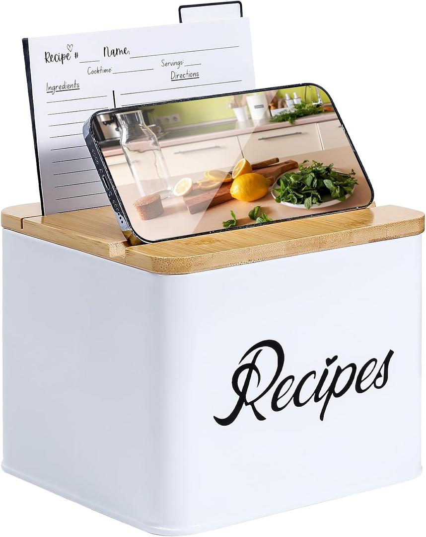 White Stainless Steel Recipe Box - Bamboo Lid With Phone Holder, Phone Stand and Recipe Card Holder - Includes Set of 50 3.9"x5.9" Recipe Cards and 12 Recipe Card Dividers