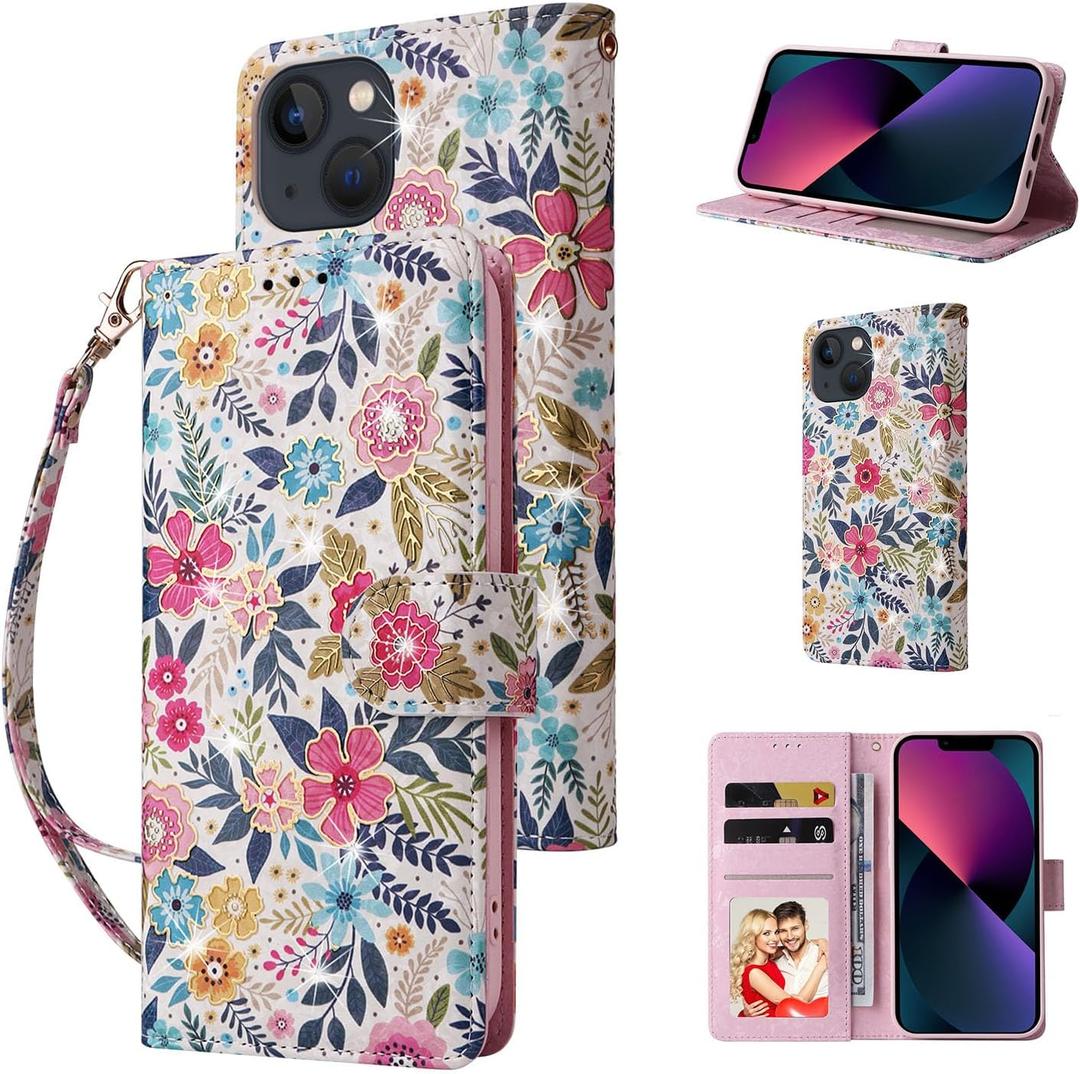 UEEBAI Wallet Case for iPhone 13 6.1 inch, PU Leather Phone Case Kickstand RFID Blocking Flip Case Card Slots Wrist Strap Relief Engraved Pattern Magnetic Closure Flower Folio Case, Multi-Flower