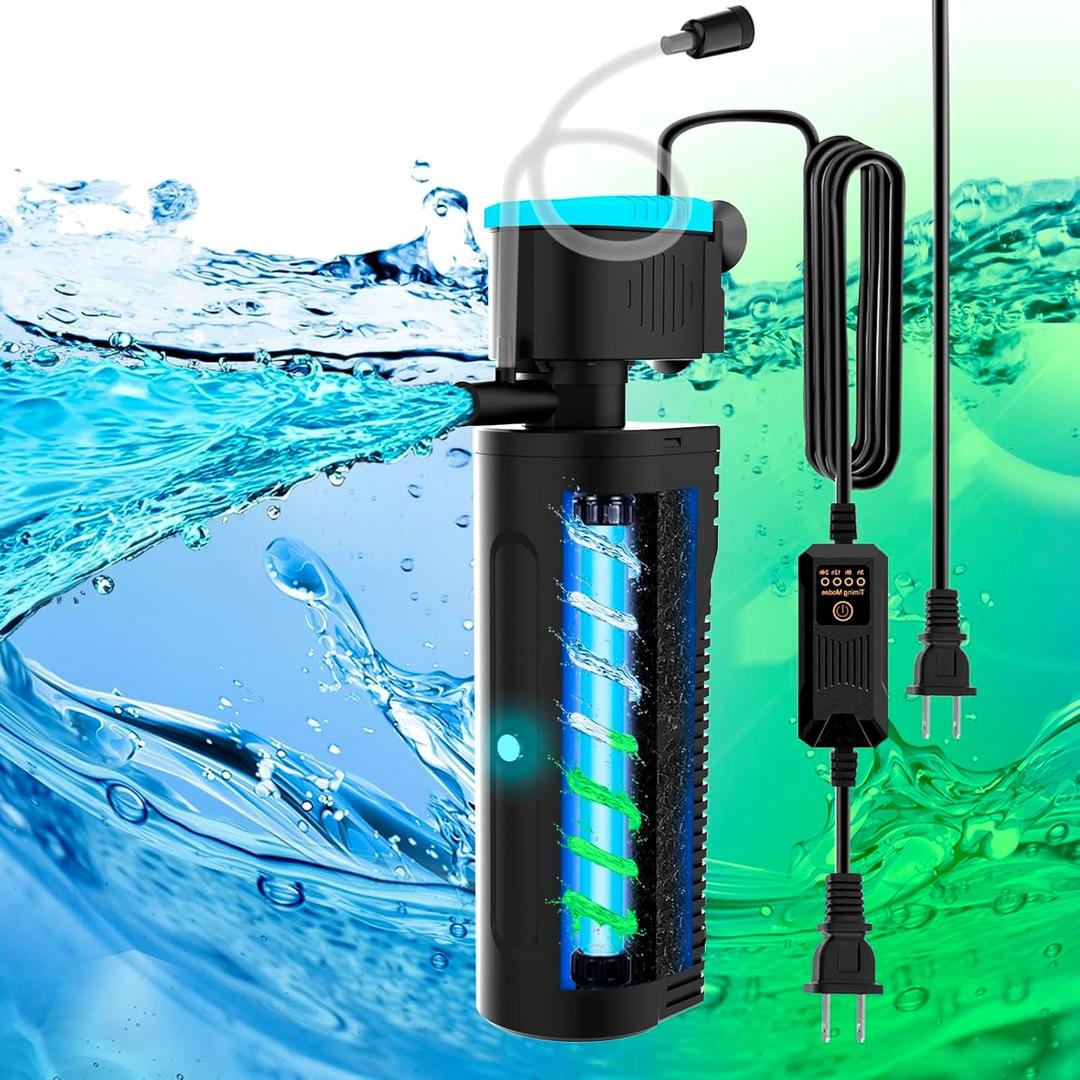 Aquarium Filter | U-V Fish Tank Filter for Green Water Cleaning | U-V Clarifier with Timer | Aeration & Rainfall Mode | Turtle Tank Filter | Submersible Pump with Filter | for 20-70 Gallons
