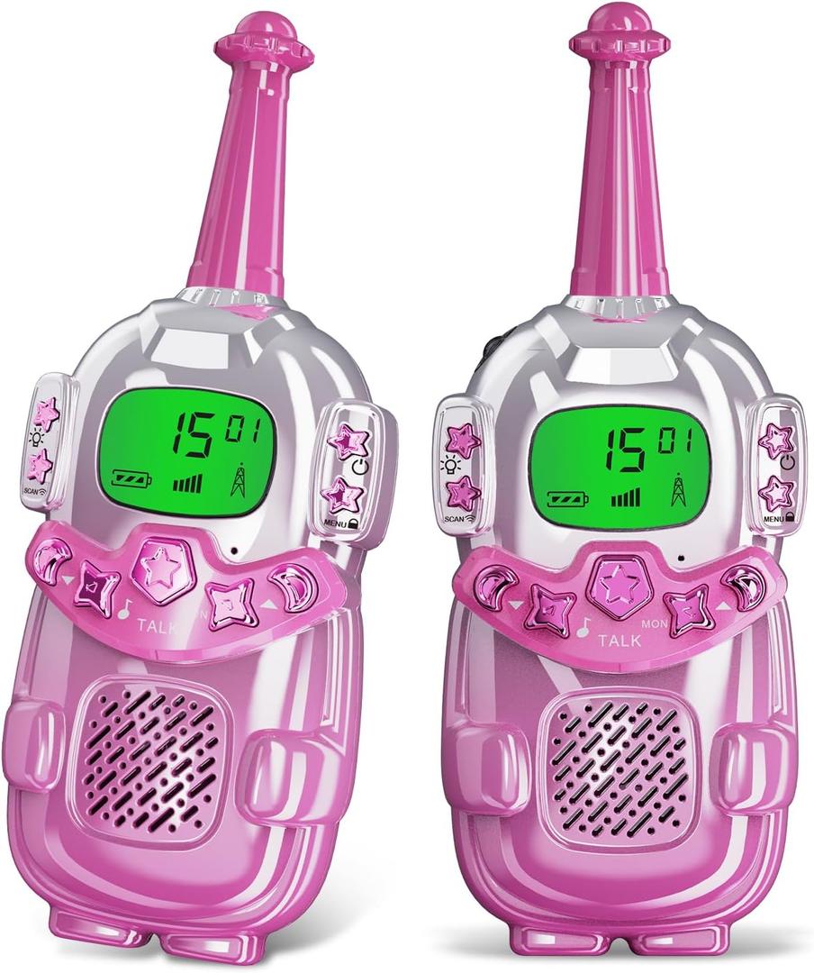 Mini Robot Kids Walkie Talkies 2 Pack,Walkie Talkies for Kids with Backlit LCD Flashlight,3-12 Year Boy Girl Gift,Birthday Christmas Toy Gift,3 KM Range for Camping, Hiking,Outdoor Play (Pink)