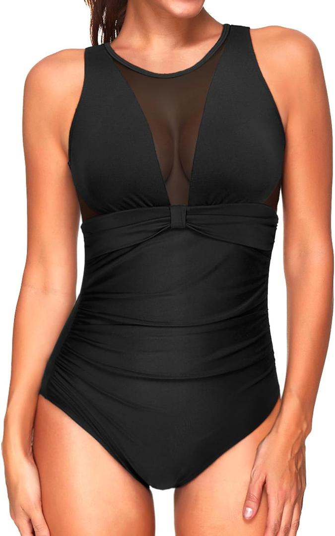 Tempt Me Women One Piece Swimsuit High Neck Plunge Ruched Tummy Control Bathing Suit (X-Large, Black New 2)