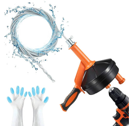 Drain Auger, Clog Remover with Drill Adapter, 25 Feet Flexible Plumbing Snake Use Manually or Powered for Kitchen, Bathroom and Shower Sink, Comes with Gloves (orange)