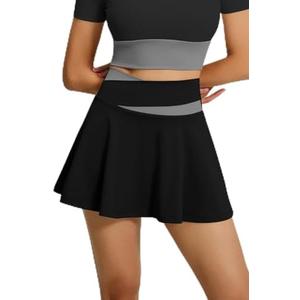 Color Block Tennis Skort for Women, High Waist Flowy Athletic Skirt with Built-in Shorts for Golf Workout Yoga (Black, XL)