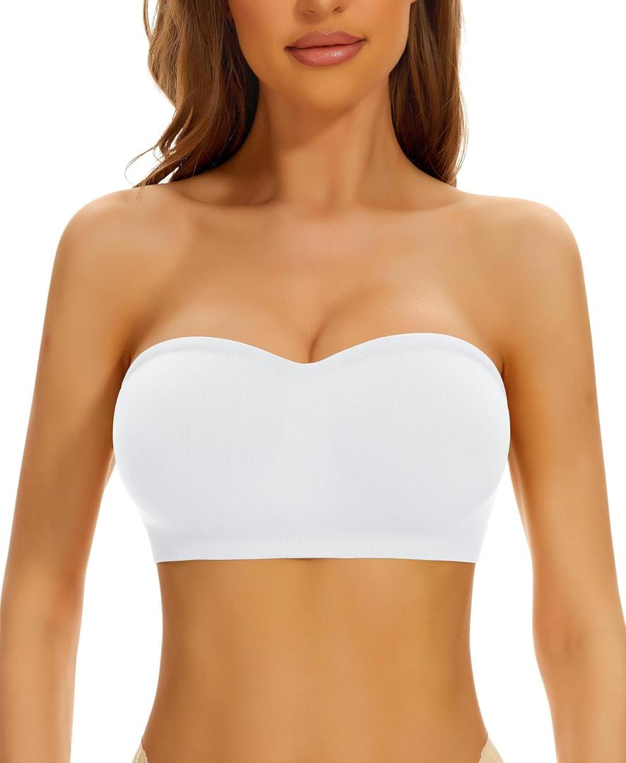 DOCUMO Women Strapless Bra Padded Bandeau Bra Non-Slip Silicone Bras (Gray, L)