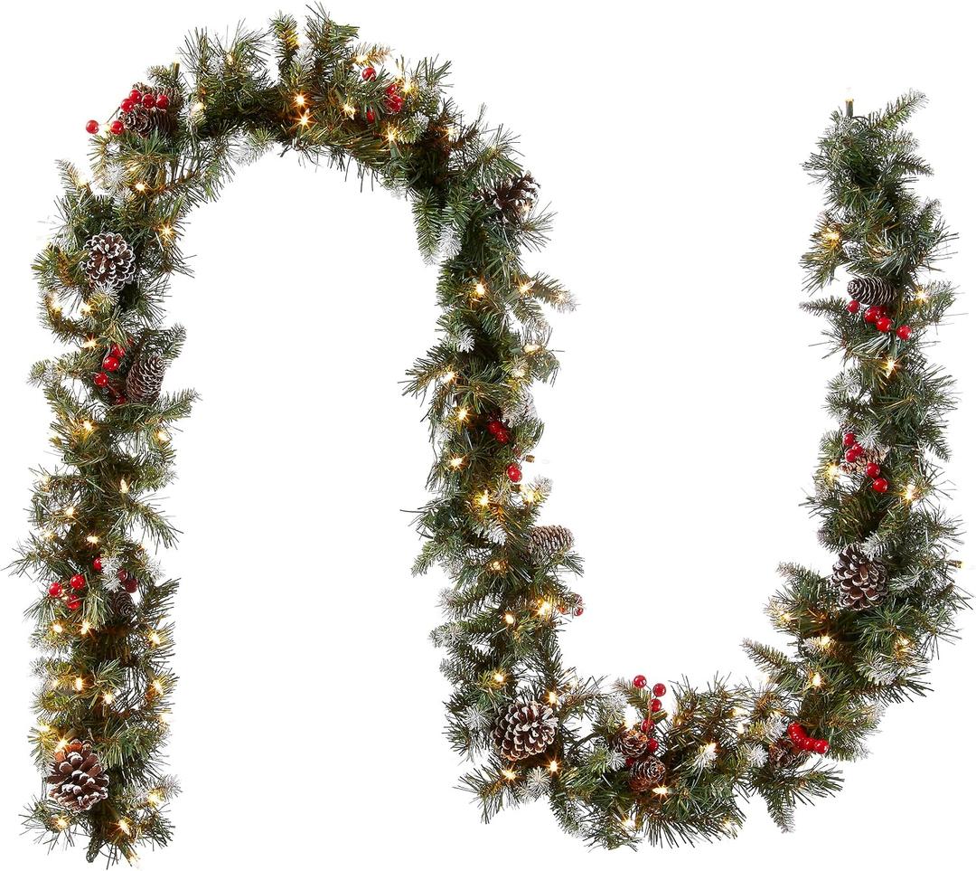 National Tree Company 9 ft Pre-Lit Frosted Berry Artificial Christmas Garland, Christmas Decoration with Pinecones, Red Berries, 100 Clear Lights, 200 Tips, Green