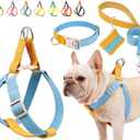 No Pull Dog Harness and Leash Set, Dog Collar, Step in Dog Halter Harness with Poop Bag Holder, Adjustable Lightweight Cotton Straps Suitable for Small Medium Large Dogs Outdoor Walking Running Hiking (Blue-Orange-Set)