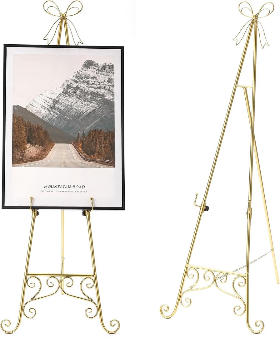 57" Large Gold Easel Stand for Sign with Fleur De Lis Design, Metal Easel Display Stand with Adjustable Hook & Chain, Heavy Duty Easel for Mirror, Sign, Wedding, Picture (No Installation Required)