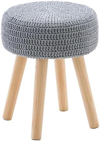 Wimarsbon Pouf Ottoman, 100% Cotton Knitted Boho Footstool, Round Footrest with Non-Skid Wood Legs, Home Décor Handmade Pouffe, Leisure Floor Step Stool for Living Room (Long Leg - Grey)