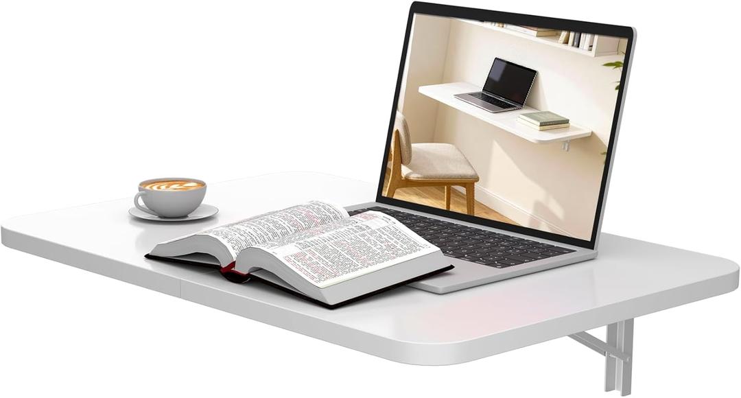 Wall Mounted Folding Desk 23.6 x 15.7, Drop Down Table with Metal Collapsible Brackets, Folding Wall Table for Small Spaces, Home, Office, Kitchen, Laundry Room-White