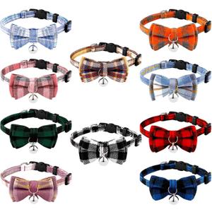 Weewooday 10 Pcs Breakaway Cat Collar with Bow Tie and Bell, Kitten Collar for Cat, Adjustable Cute Plaid Safety Kitty Collars for Birthday Pet Christmas Party Supplies, 10 Styles