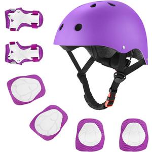Kids Bike Helmet for Ages 2-14, Adjustable Safety Toddler Helmet with Protective Gear Set, Skateboard Scooter Helmets with Knee Elbow Pads Wrist Guards (Medium (for Ages 8-14), Purple)