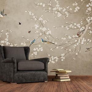 Bormia Chinoiserie Wallpaper Plum Flowers and Birds Wall Mural Wallpaper for Living Room Bedroom(Not Peel n' Stick) (195" x 120")