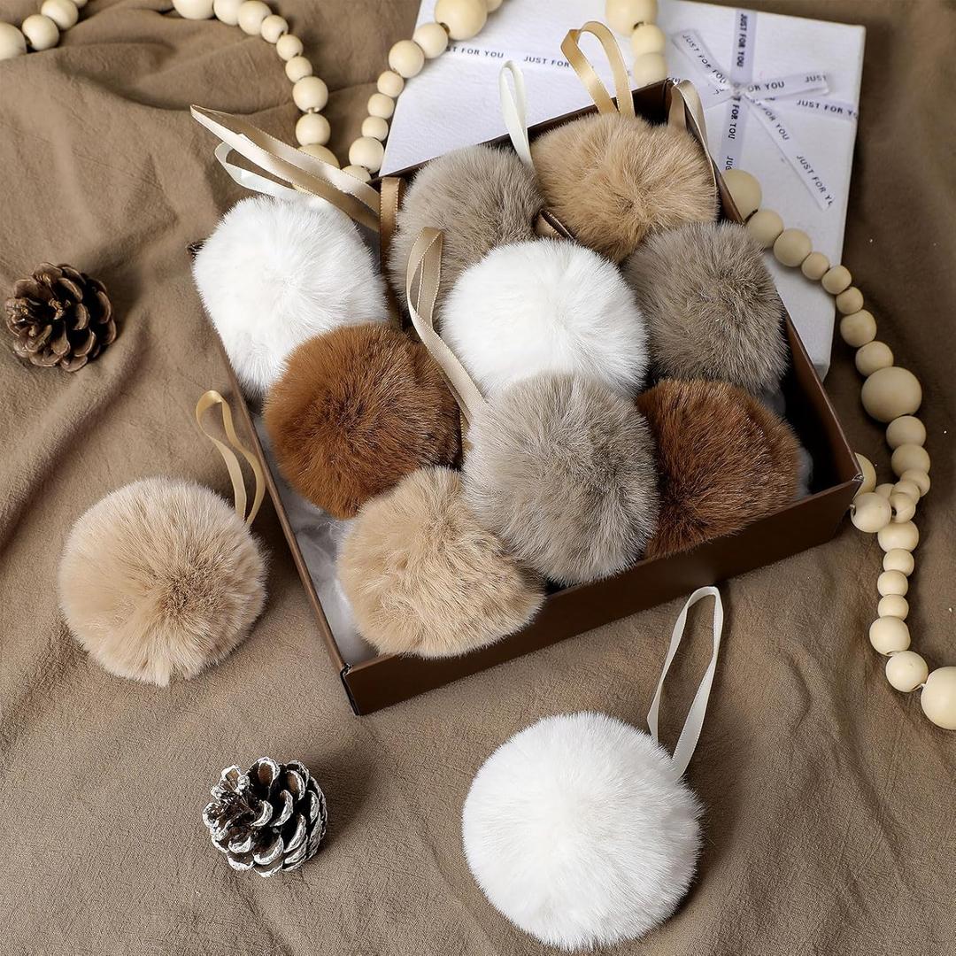 ShinyRelief 48 Pcs 3.1 Inch Neutral Furry Christmas Balls Ornaments Faux Fur Pom Poms Balls Christmas Tree Round Hanging Decoration for Party Supplies Holiday Office Fireplace Mantel Home Wall Decor