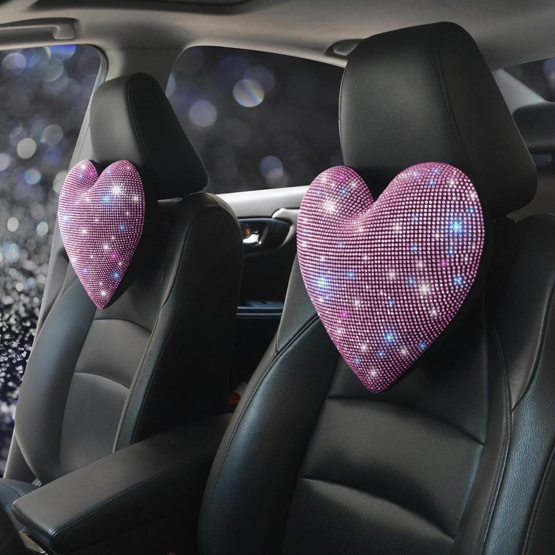 Bling Head Rest Pillows for Car Automobile Accessories for Women, Girls and Ladies Car Pillows with Sparkly Rhinestone Headrest Support Neck Support Relax Travel Universal Fit Pink 2 Pieces