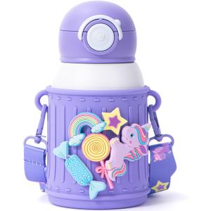 Kids Insulated Tumbler Set  16oz Stainless Steel Water Bottle with Straw & Pour Lids, Screw-On Cup, Adjustable Strap, Silicone Sleeve & Charms  Leakproof BPA-Free Bottle for Boys & Girls (Unicorn)