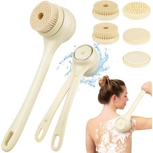 Electric Body Brush Back Scrubber for Shower, Auto Spinning Exfoliating Massage Bath Brush Rechargeable, Dual Long Handle, Deep Cleansing, Waterproof, Rotating Body Brushes with 5 Brush Heads (Beige)