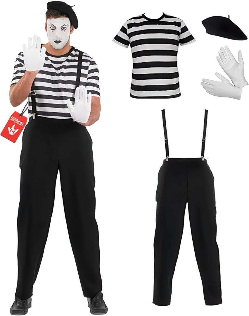 fun shack Mime Costume Men, Mens Mime Costume, Adult Mime Costume, French Mime Costume, Mime Halloween Costume (Medium, Black)