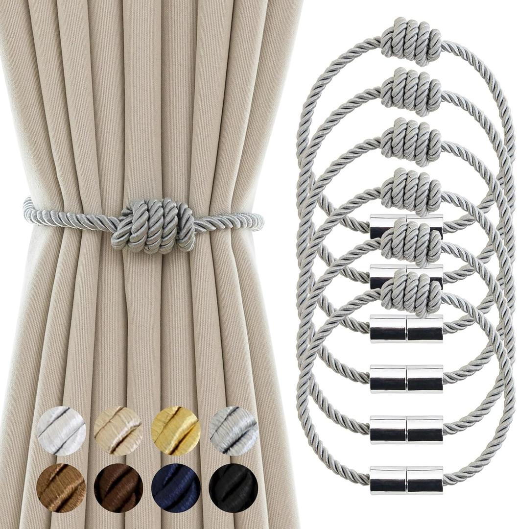 Magnetic Curtain Tiebacks - Decorative Tie Backs for Drapes, 6 Pack Rope Holders, Grey