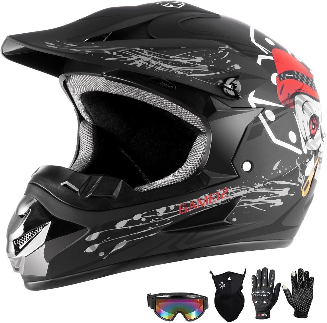 Youth Kids Dirt Bike Motocross Helmet (Goggles Gloves Face Mask) 4PCS Set, DOT Approved Full Face Motorcycle Helmets,ATV BMX MX Mountain Bike Off Road Kid Helmet (Black SkullM) (Medium)