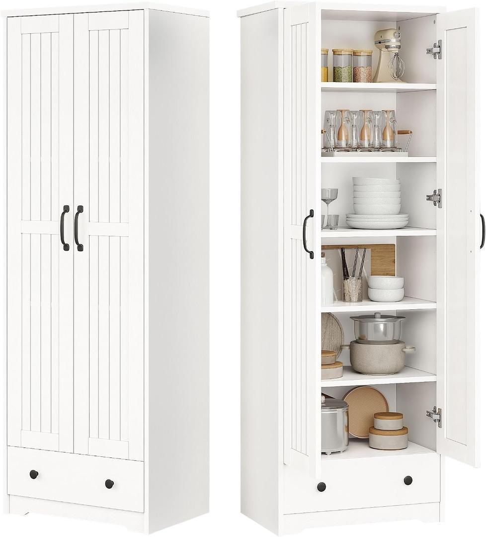 Decofy 70" Tall Storage Cabinets, Large Wood Storage Pantry Cabinet with 6 Adjustable Shelves, 2 Striped Doors & Drawer, Standing Utility Cabinet for Kitchen, Bathroom, Dining Room, Antique (White), 15.3"D X 25"W X 70"H