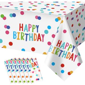 mwellewm 6 Packs Birthday Tablecloth Plastic Happy Birthday Table Cloth Decorations Disposable Colorful Polka Dots Party Decor Rectangle Waterproof Table Cover for Girls Boys Baby Shower 54x108 Inch