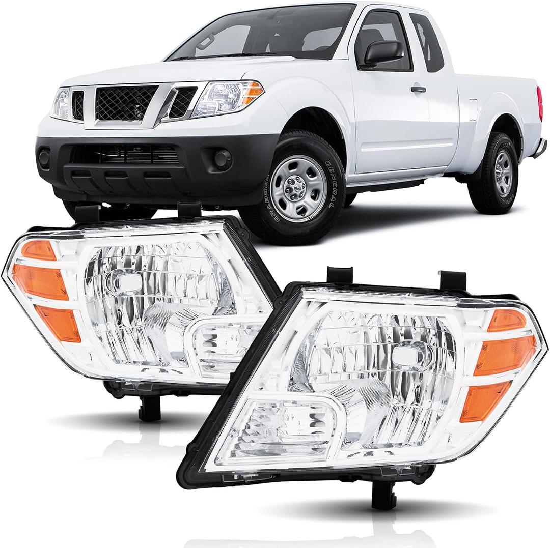 Headlights Assembly Compatible with 2009-2021 Nissan Frontier Head Lamps Driver and Passenger Side, Chrome Housing Amber