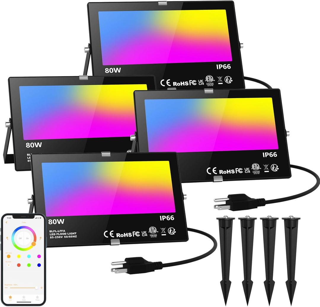 Smart Flood Lights Outdoor RGB via Bluetooth App Control Color Changing Landscape Lights 80W IP66 Waterproof, DIY Scenes/Music Sync/Timing/Daylight 4Pack