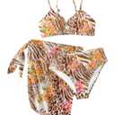 RoseSeek Girl's 3 Piece Bikini Set Floral Leopard O-Ring Swimsuit Beachwear (Brown)