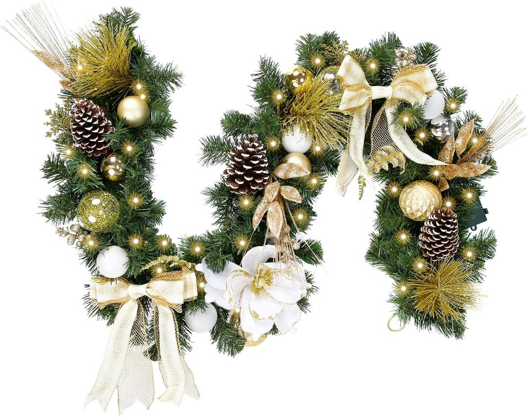 WBHome Pre-lit 6 Feet/ 72 Inch Christmas Garland, White & Gold Lighted Garland with 35 LED Lights for Indoor Outdoor Xmas Decor Holiday Decorations, Battery Operated (Batteries NOT Included)