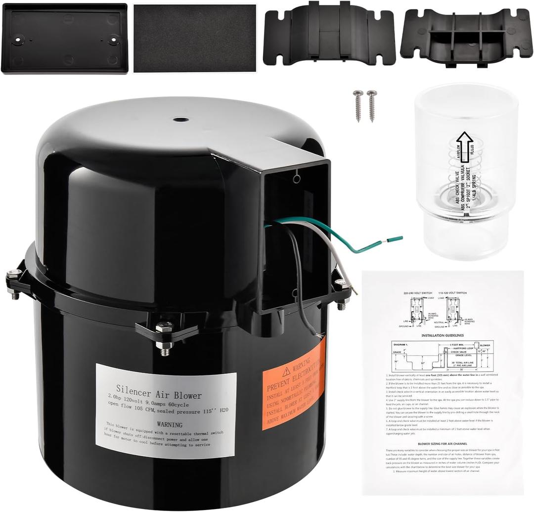 6320141 Silencer Spa Blower Motor 2 HP 120V Compatible with Hot Tubs and Spas for use with 2-inch Plumbing, 9.0 Amps Silencer Blower