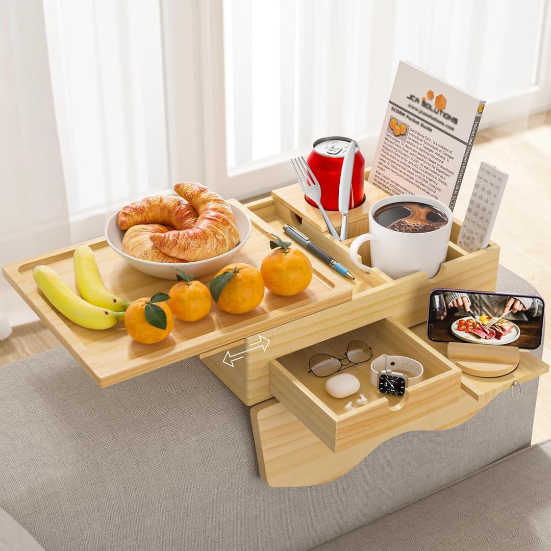Couch Armrest Table with Removable Multi-Scene Wooden Tray, 13.78"x9.84" Pine Wood Sofa Arm Tray Clip on Arm Rest Table for Couch with 2 Cup Holders 2 Drawers 1 Phone Holder for Eating and Drinking Couch Armrest Table with Removable Multi-Scene Wooden Tray, 13.78"x9.84" Pine Wood Sofa Arm Tray Clip on Arm Rest Table for Couch with 2 Cup Holders 2 Drawers 1 Phone Holder for Eating and Drinking