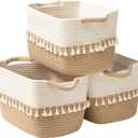 TeoKJ Woven Storage Bin Set of 3, Cotton Rope Basket for Storage, Clothes Boho Basket Bin for Organizing, Fabric Basket for Books, Plants, Pet Treats, White & Jute