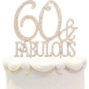 60 & Fabulous Cake Topper 60 Years Birthday Or 60th Wedding Anniversary Gold Crystal Rhinestone Party Decoration