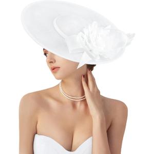 dressfan Church Fascinator Derby Hats for Women,20s 50s Linen Vintage Derby Hat for Church/Wedding/Cocktail/Tea Party (White)